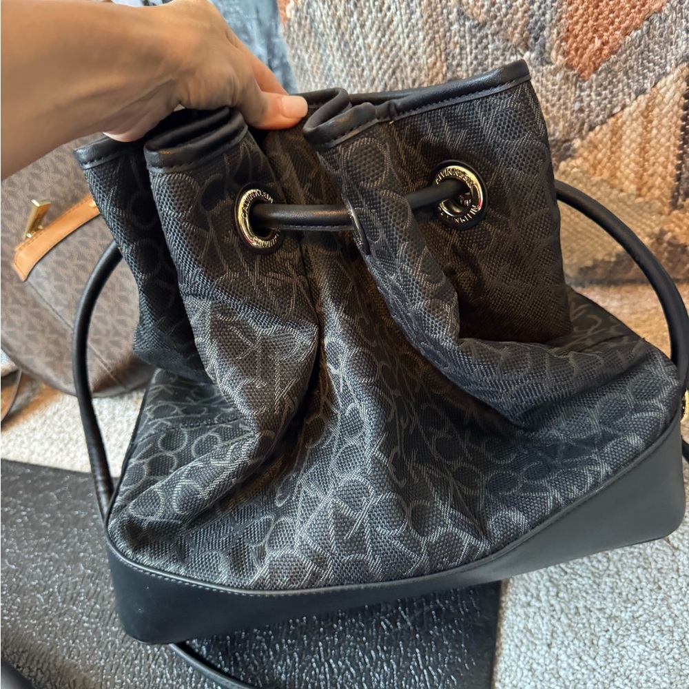 Calvin Klein Black Monogram Drawstring Bag